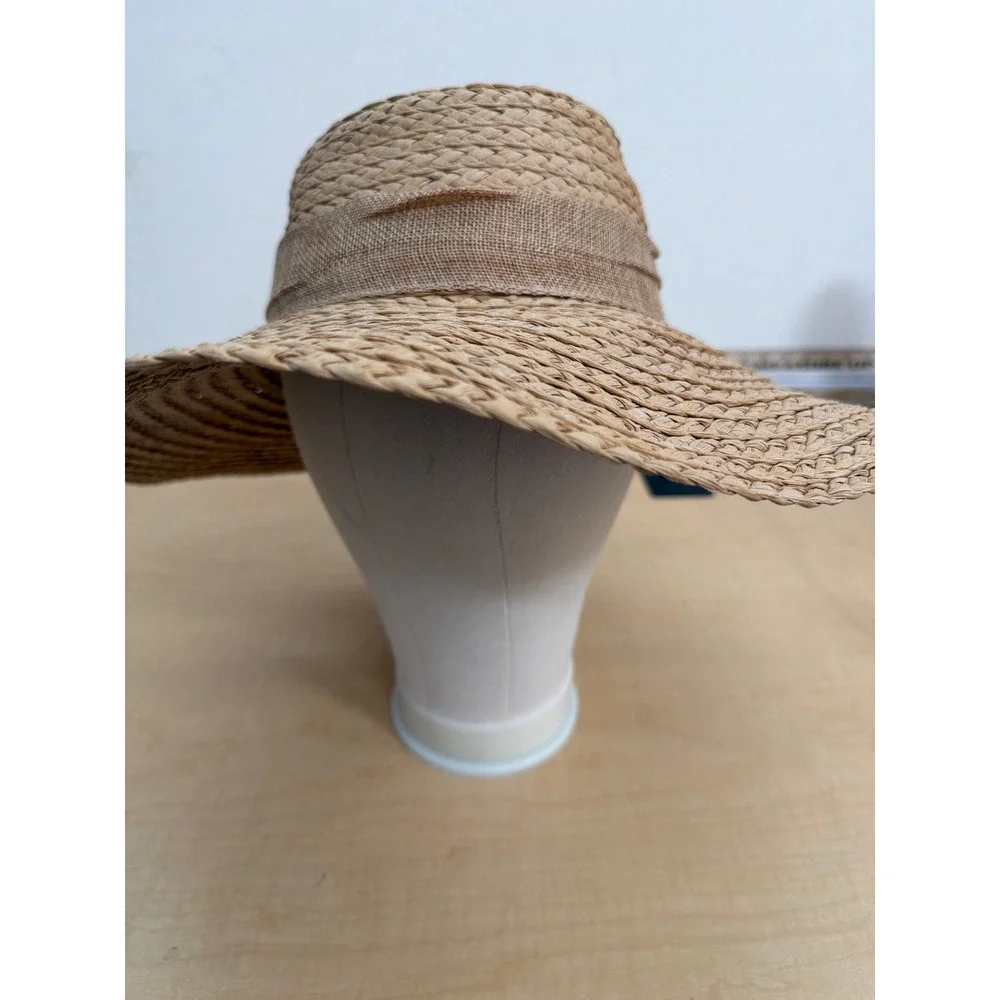 Woven Paper Straw Wide Brim Sun Hat with Burlap Bow Accent Tan Summer Beach Hat